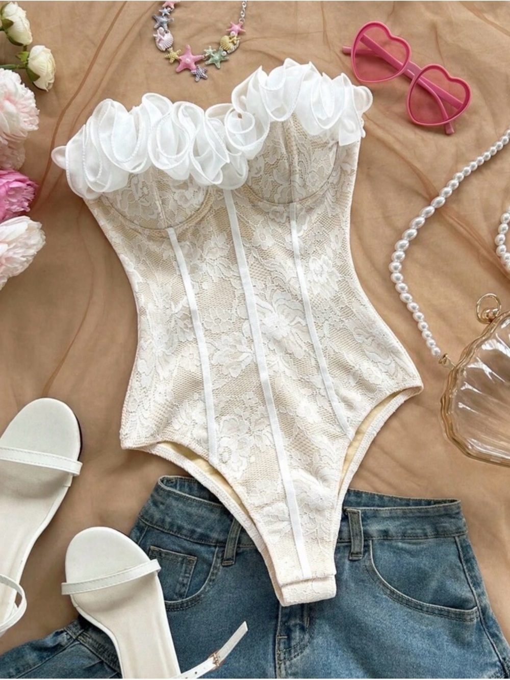 Lace Ruffle Bustier Bodysuit - White